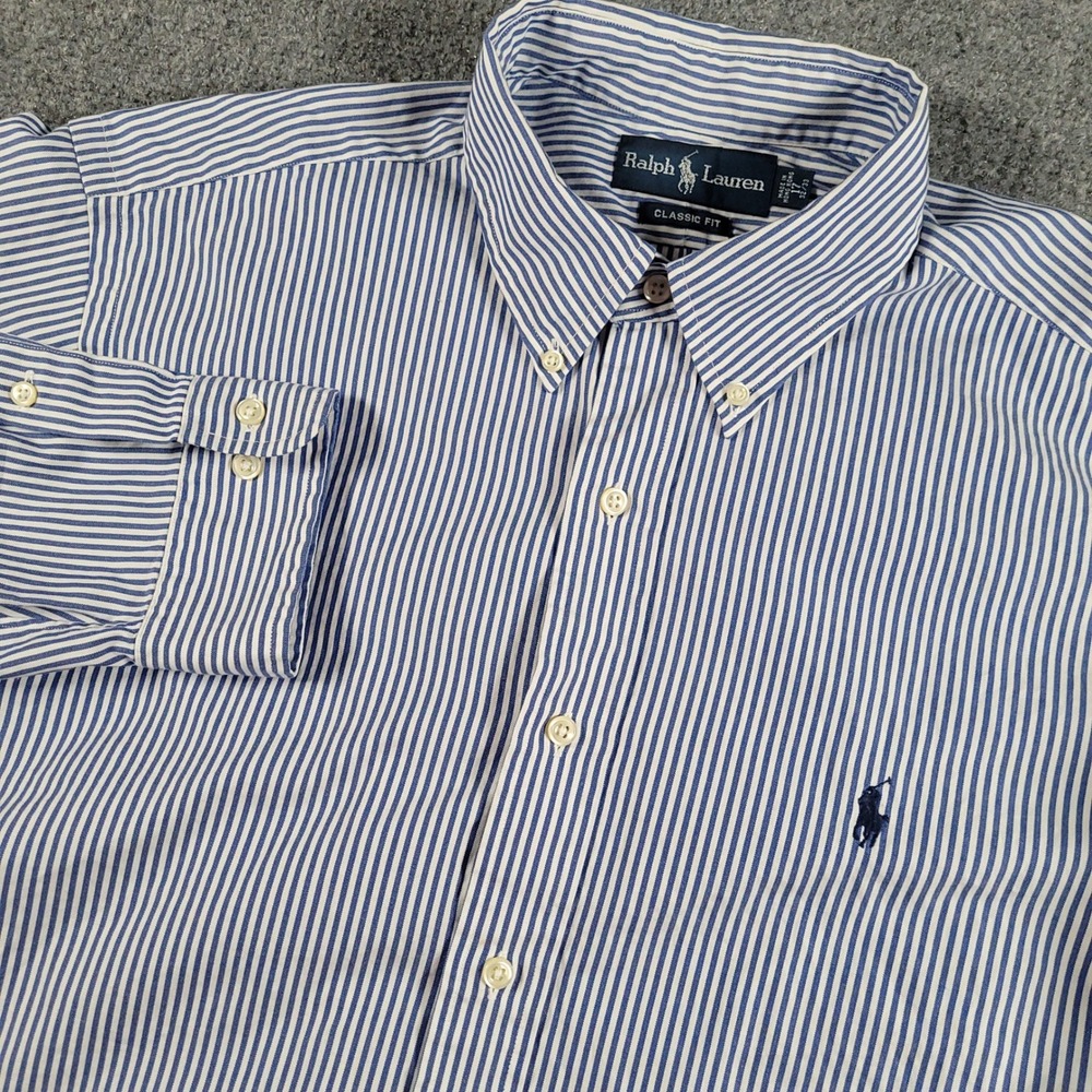 Ralph Lauren Button Down Shirt‎ Mens 17 32/33 Blue Striped Classic Fit Blue Pony